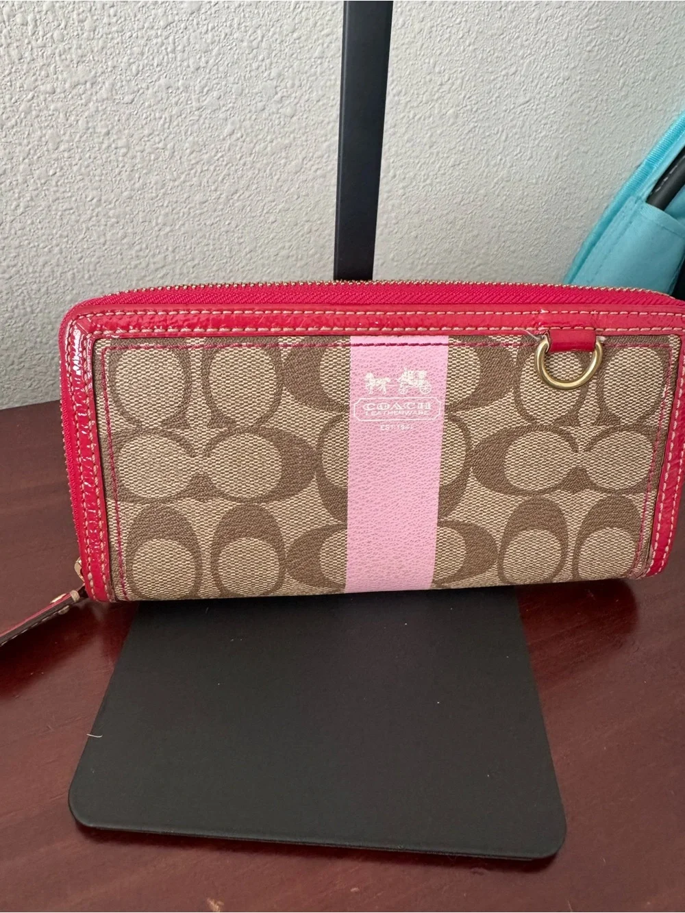 Coach Signature Zip Wallet in Brown with Pink Center Stripe and Red Trim